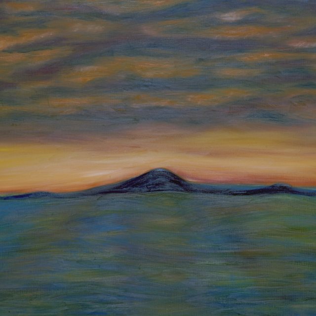 Painting of a mountain silhouette against a sunset sky with blue, orange, and purple hues.
