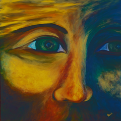 Artistic depiction of a face with a focus on eyes, using a palette of blue, green, and brown.