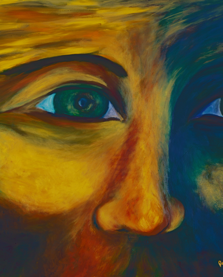 Artistic depiction of a face with a focus on eyes, using a palette of blue, green, and brown.