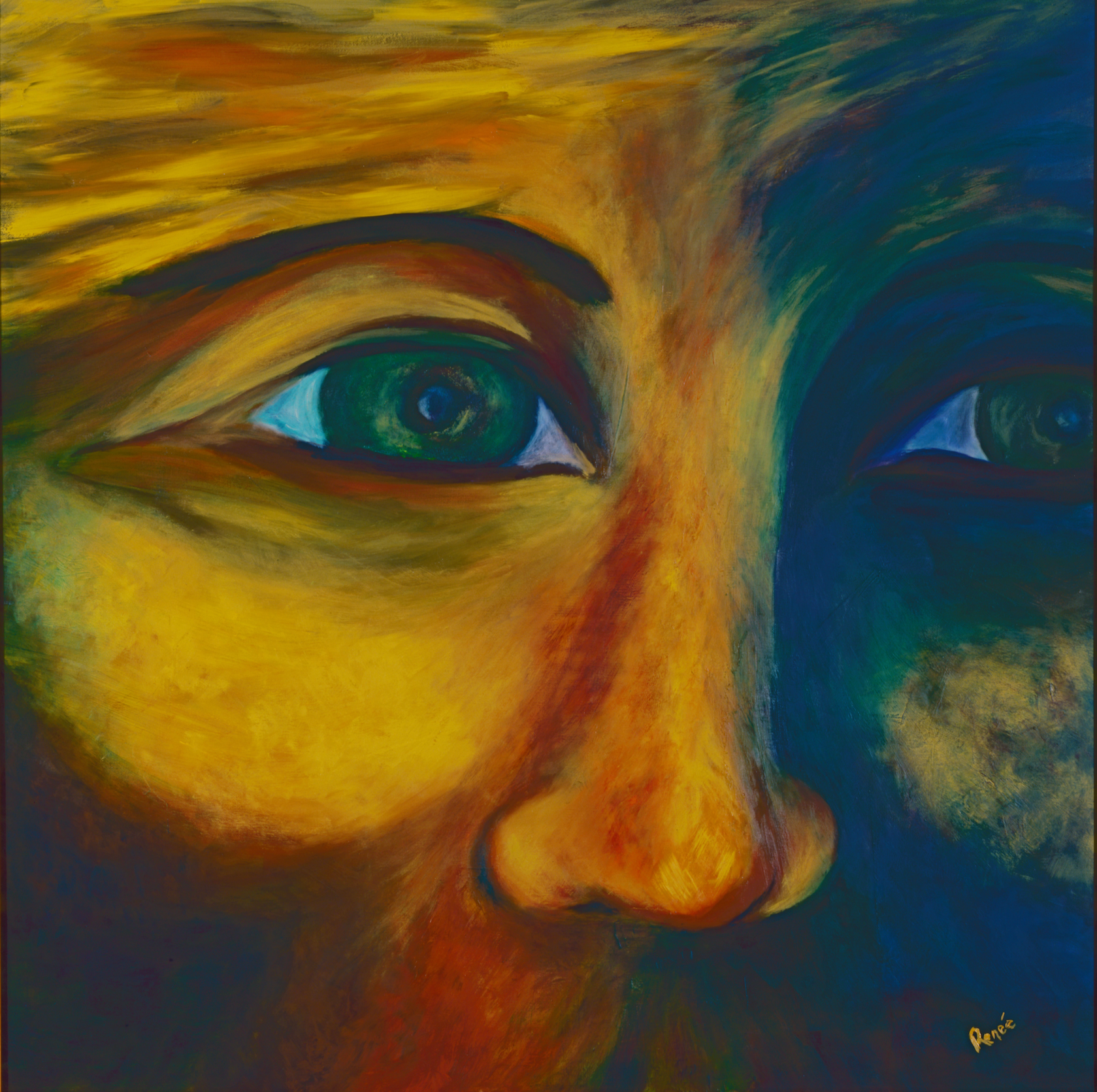 Artistic depiction of a face with a focus on eyes, using a palette of blue, green, and brown.