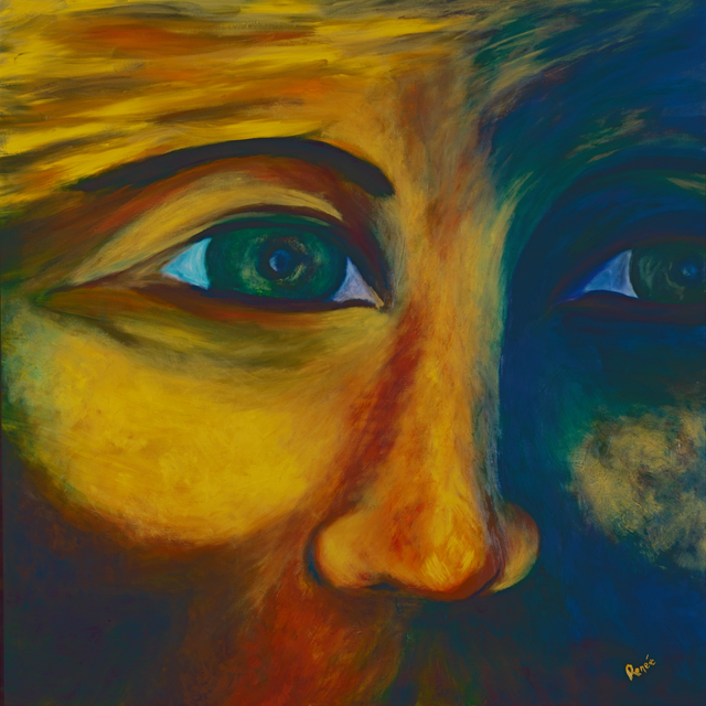 Artistic depiction of a face with a focus on eyes, using a palette of blue, green, and brown.