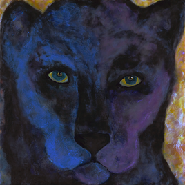 Artistic depiction of a panther with glowing eyes against a warm, abstract background