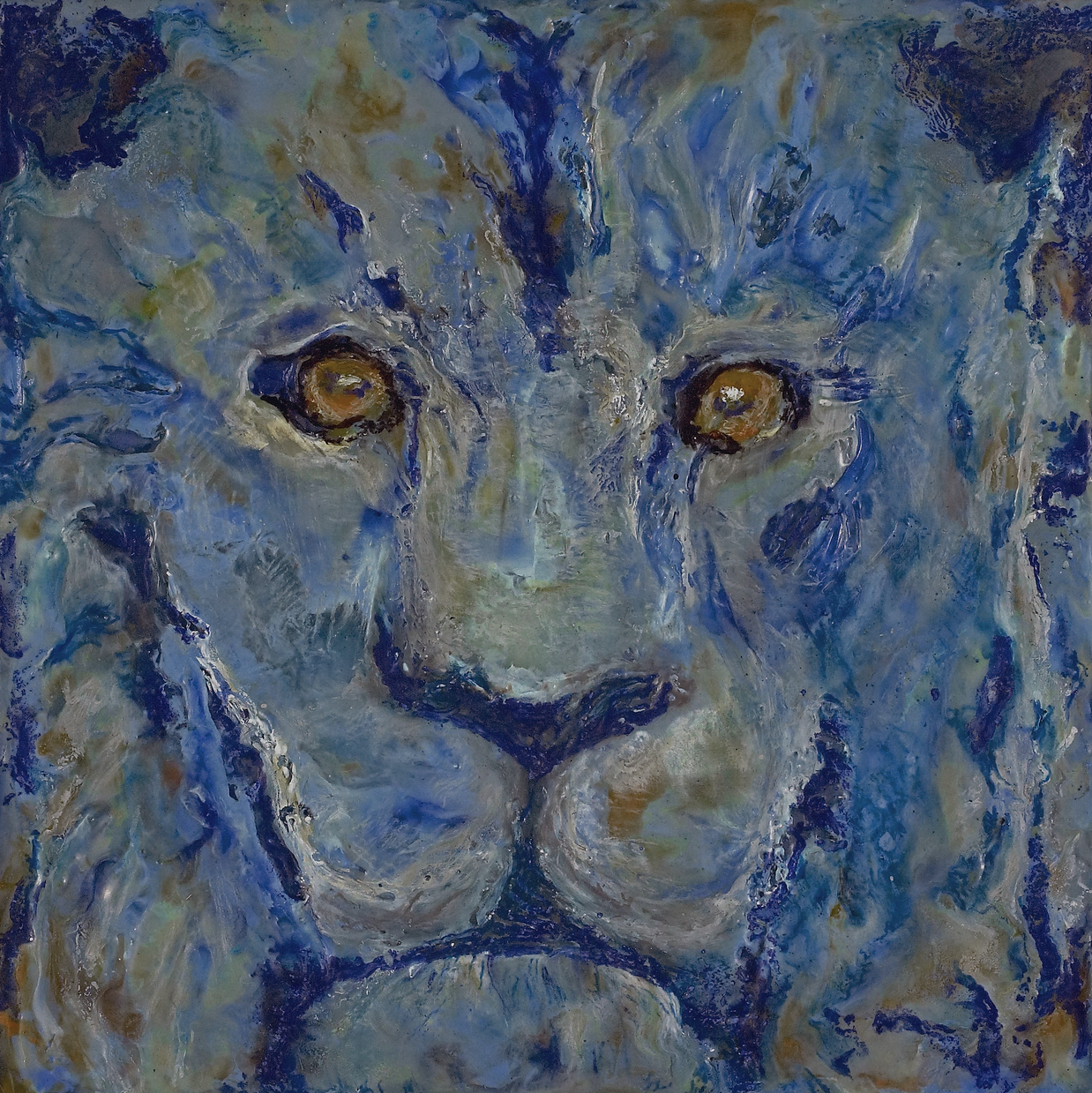 Artistic depiction of a lion's face with blue and gold tones