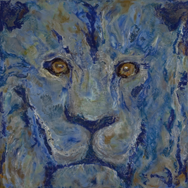 Artistic depiction of a lion's face with blue and gold tones
