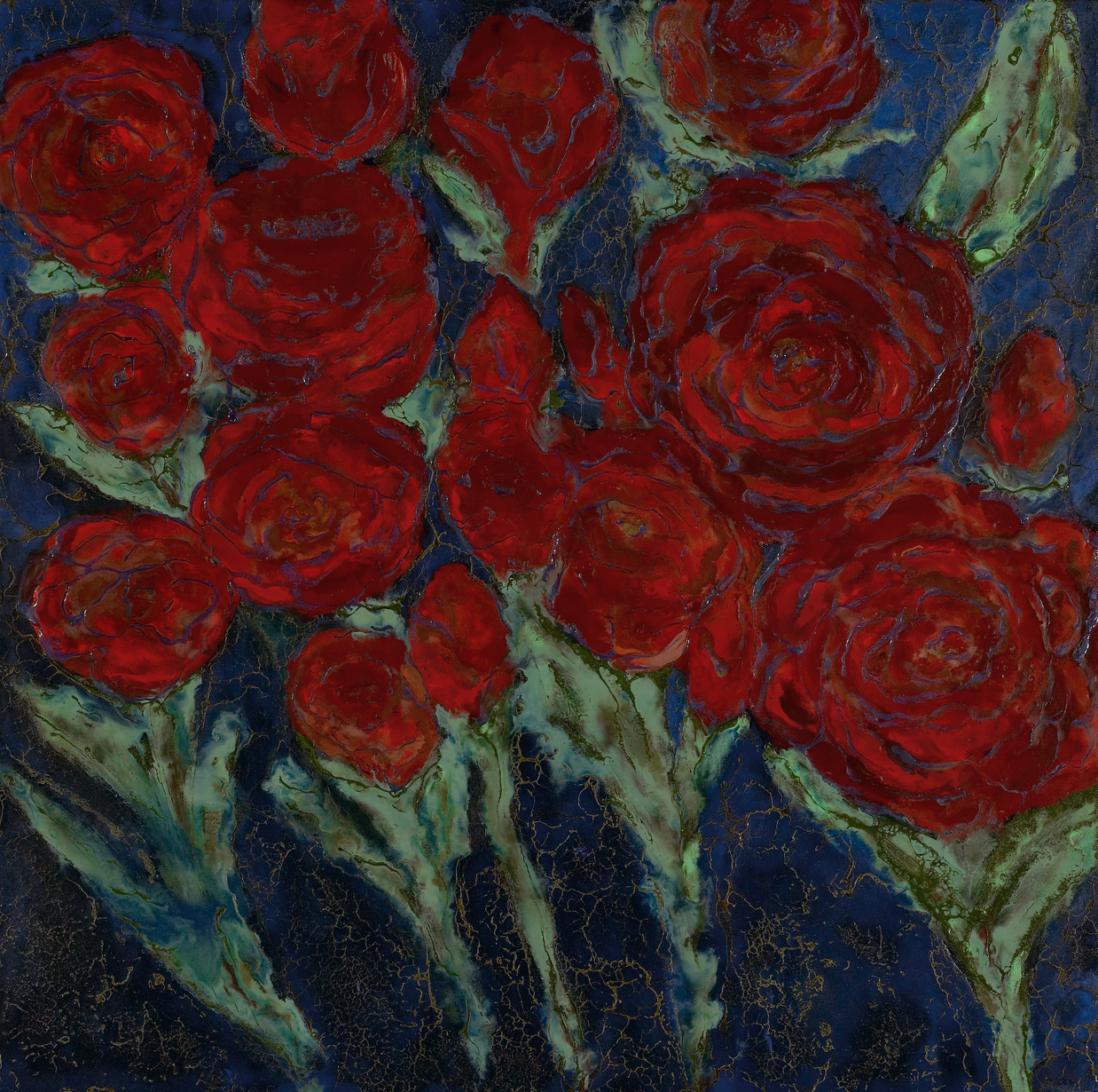 Artistic depiction of red roses on a textured blue background