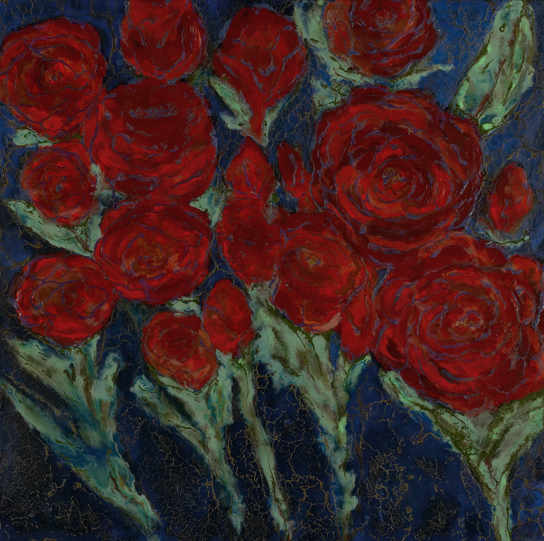 Artistic depiction of red roses on a textured blue background