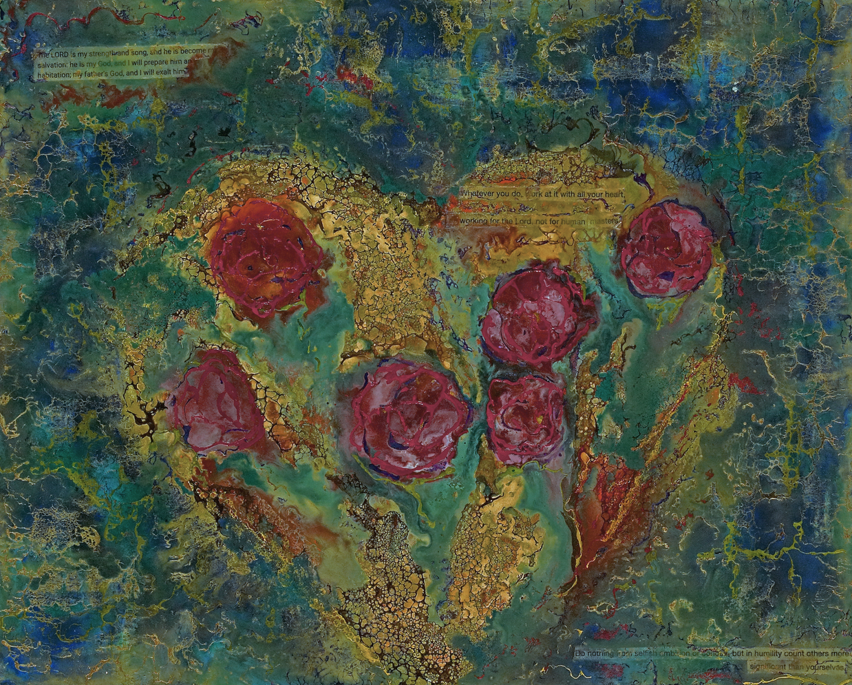 Artistic depiction of flowers on a textured surface with visible text overlay