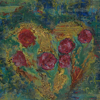 Artistic depiction of flowers on a textured surface with visible text overlay