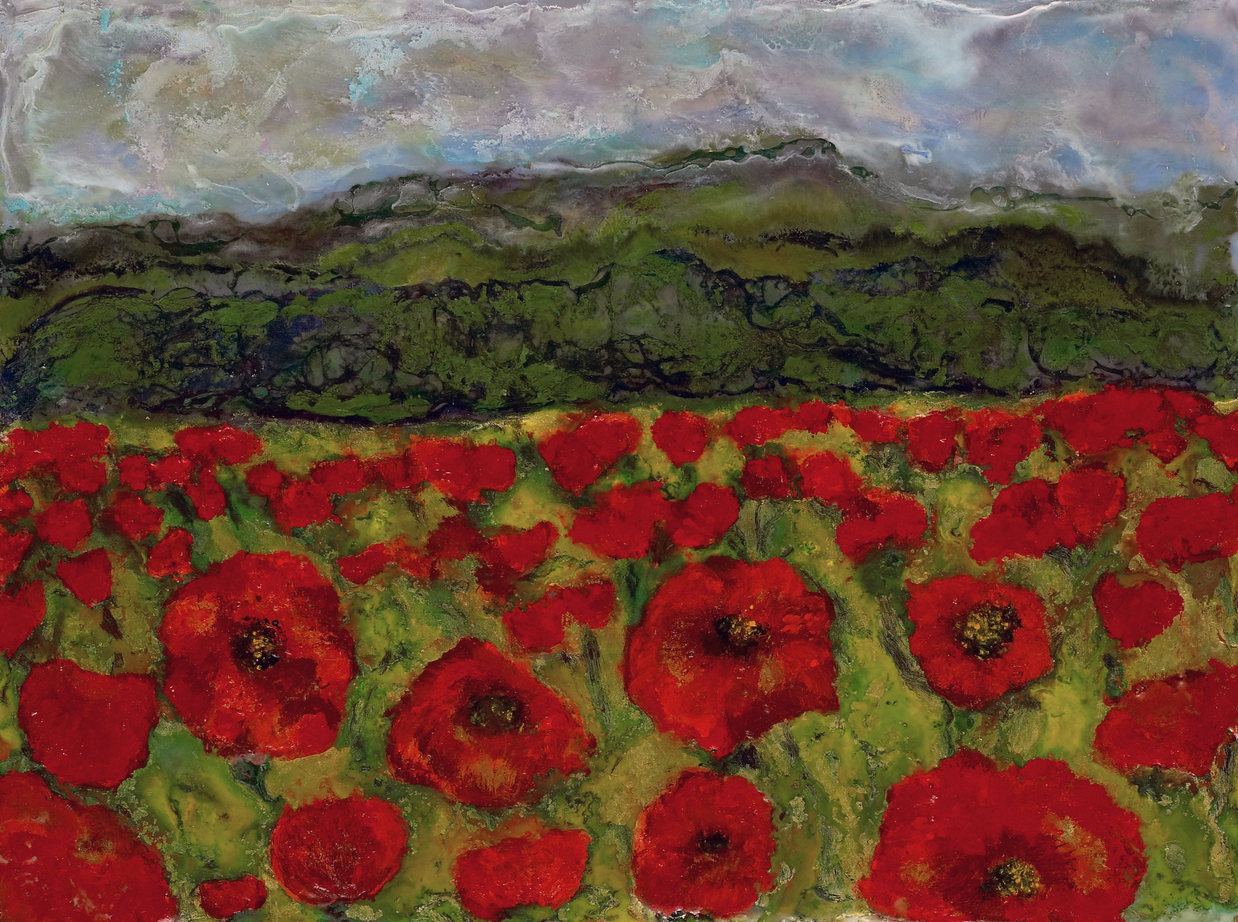 Painting of a field of red poppies with green hills in the background
