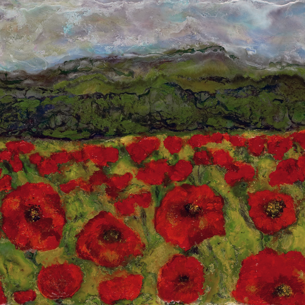 Painting of a field of red poppies with green hills in the background