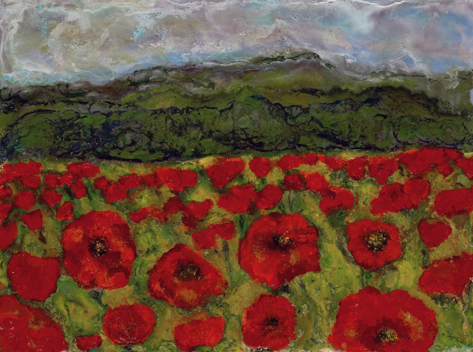 Painting of a field of red poppies with green hills in the background