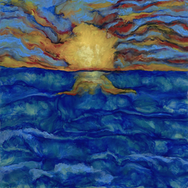 Artistic depiction of a sun rising over water with vibrant colors.