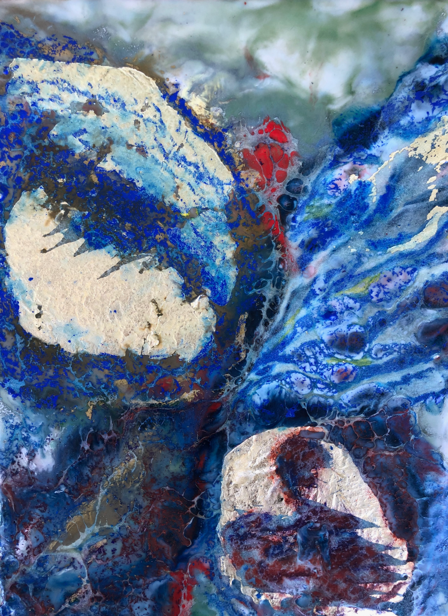 Abstract artwork with blue, red, and beige colors