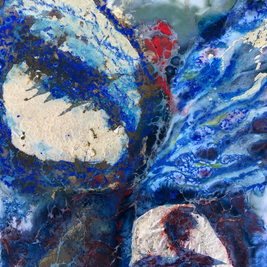 Abstract artwork with blue, red, and beige colors