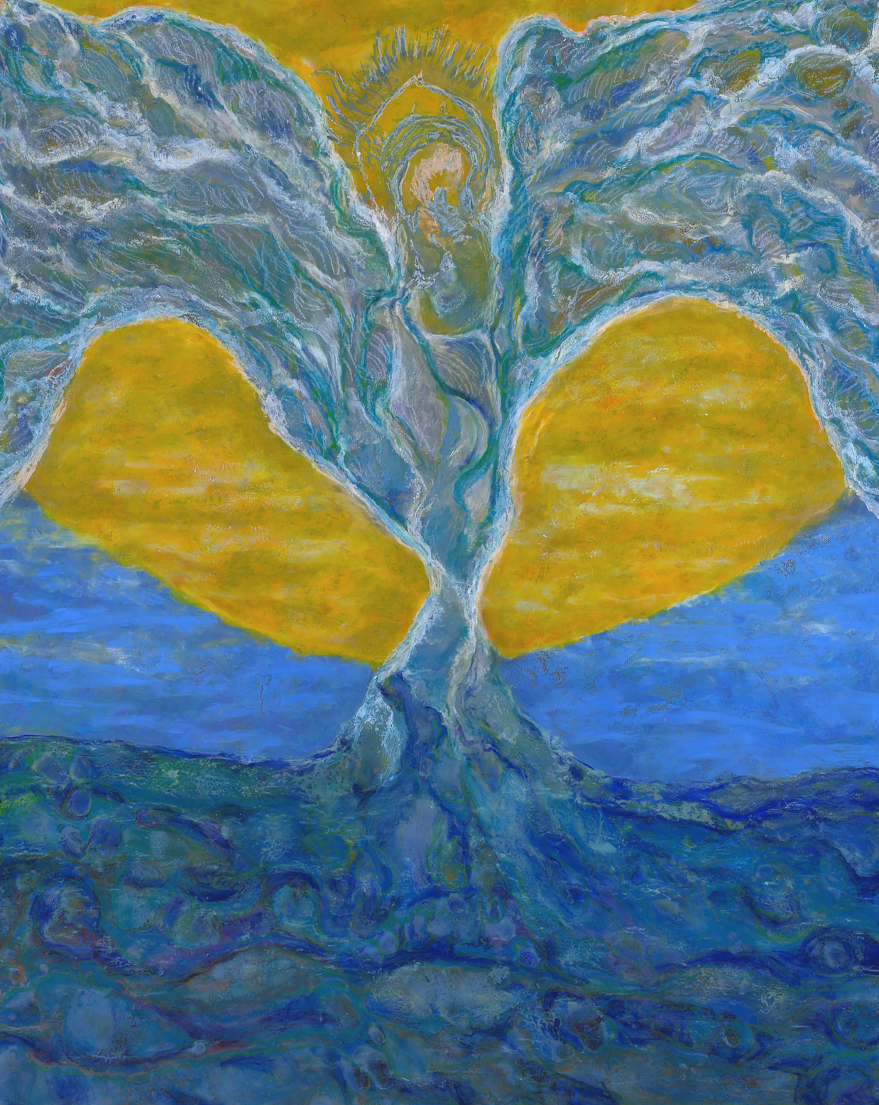 Abstract artwork with yellow shapes and blue background