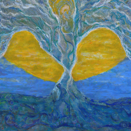 Abstract artwork with yellow shapes and blue background