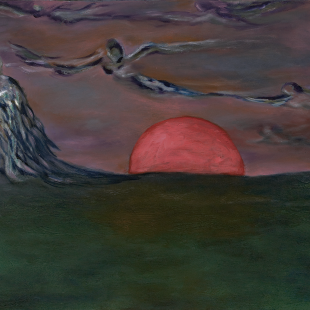 Artistic depiction of a landscape with a red sun and abstract figures.