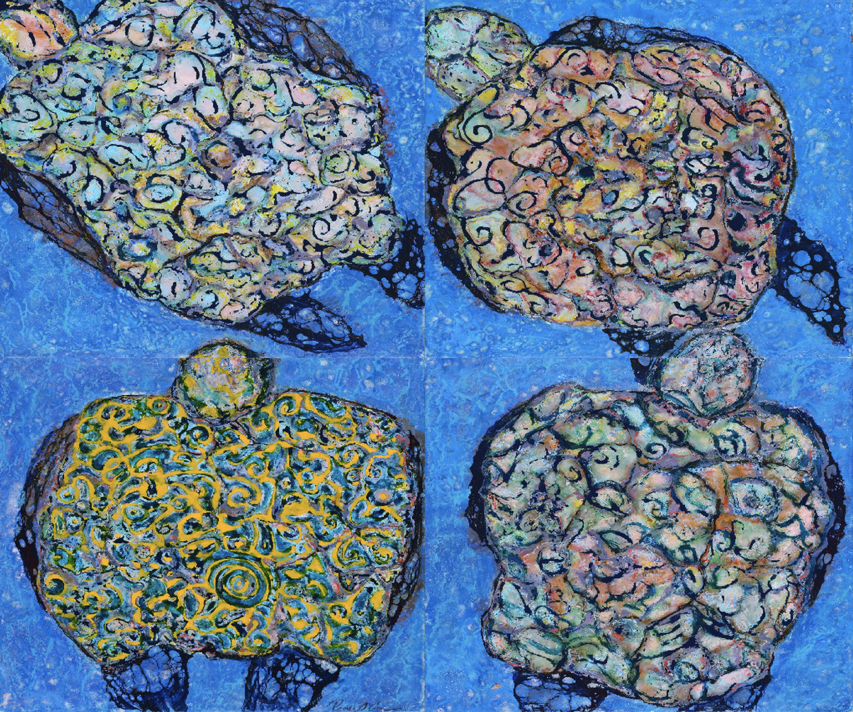 Four stylized turtle illustrations on a blue background