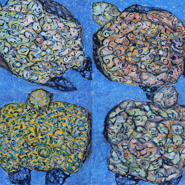 Four stylized turtle illustrations on a blue background
