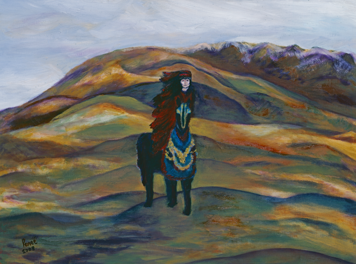 Painting of a person on horseback with a mountainous landscape