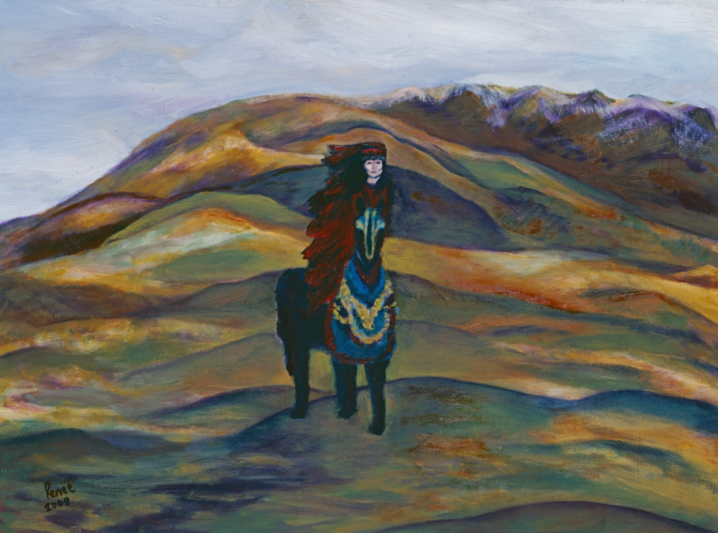 Painting of a person on horseback with a mountainous landscape