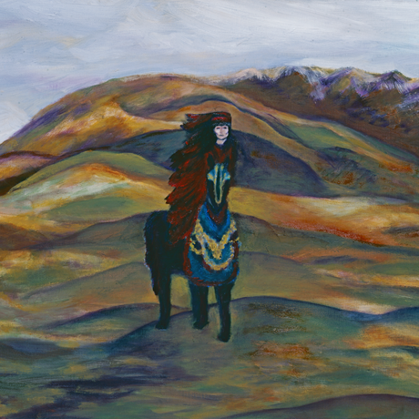 Painting of a person on horseback with a mountainous landscape