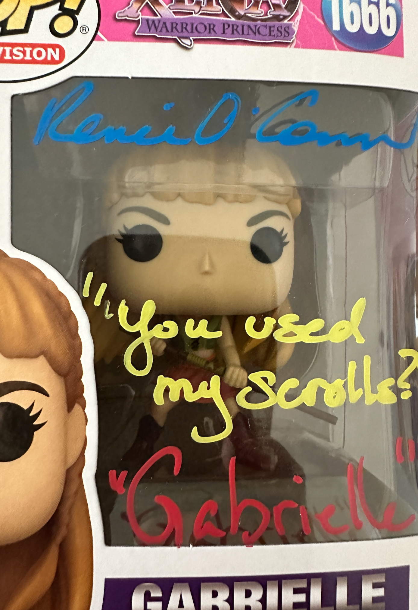 Funko Pop! figurine packaging with text 'You used my scroll?! Gabrielle' on a computer screen.