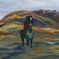 Painting of a person on horseback with a mountainous landscape