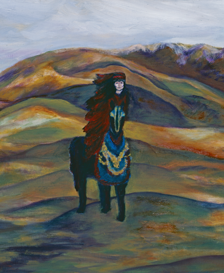 Painting of a person on horseback with a mountainous landscape