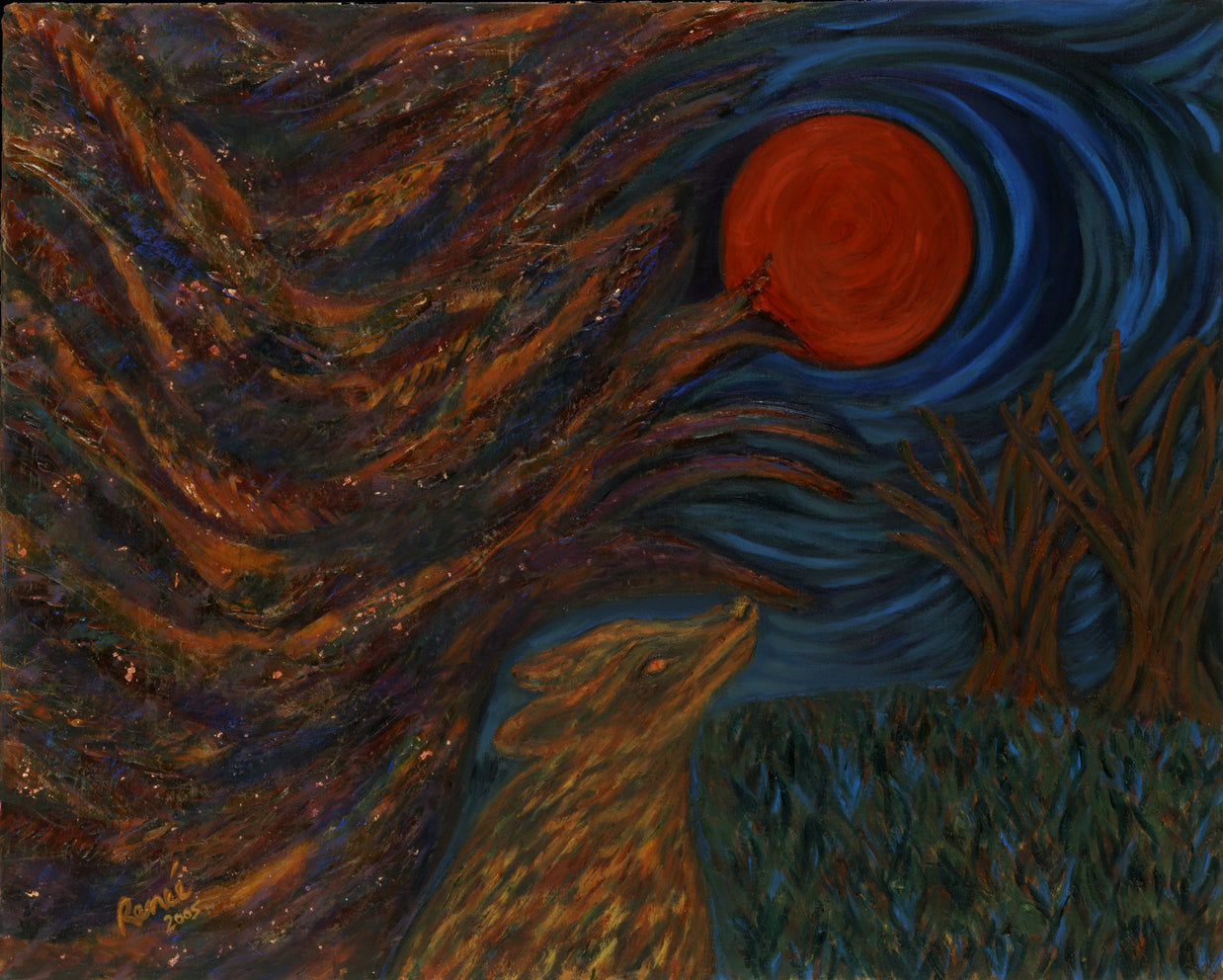 Artistic depiction of a fox under a large red moon with wavy lines in the background