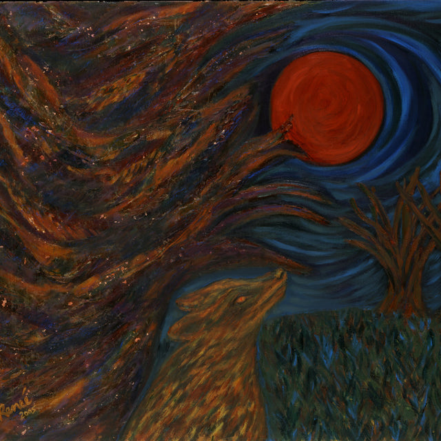 Artistic depiction of a fox under a large red moon with wavy lines in the background