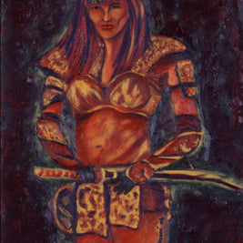Artistic depiction of a warrior with armor and a sword on a dark background