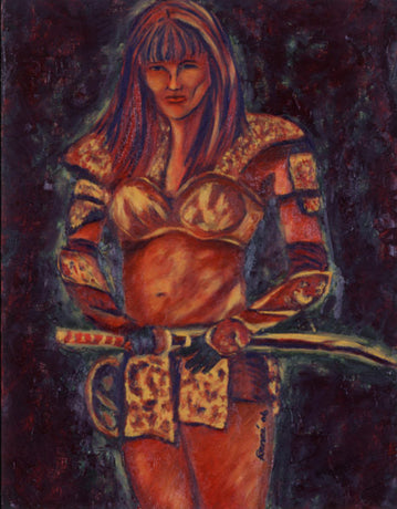 Artistic depiction of a warrior with armor and a sword on a dark background