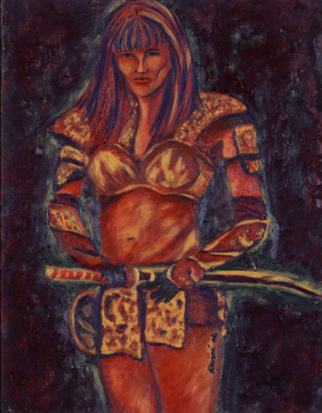 Artistic depiction of a warrior with armor and a sword on a dark background